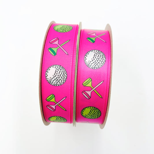 Golf ribbon Women's golf featuring golf balls and crossed tees on a hot pink background printed on 7/8" white grosgrain or white satin