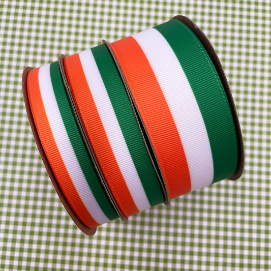 Irish Flag Ribbon  Orange, White and Green stripes printed on 5/8" 7/8"  and 1.5" White grosgrain