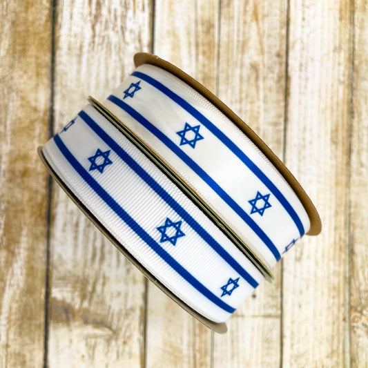 Israeli Flag ribbon royal blue stripe at top an bottom with the Star of David , printed on 5/8" and 7/8" white satin and  7/8"grosgrain