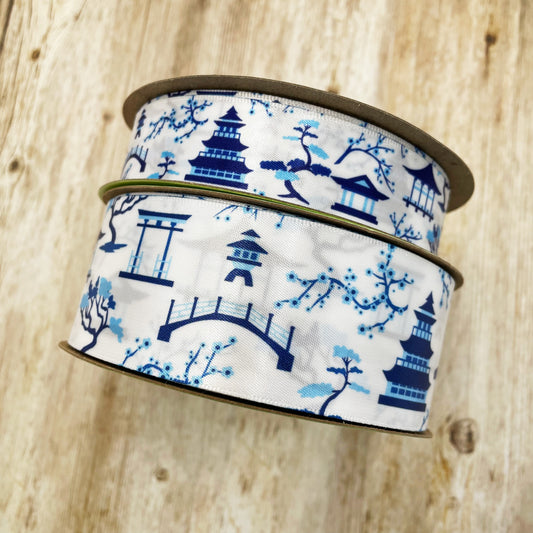 Chinese ginger Jar Chinoiserie ribbon Japanese garden printed on 7/8" and  1.5" white satin