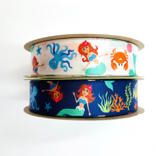 Mermaid ribbon Mermaids with flowing red with sea creatures on a blue background printed on 7/8" white satin