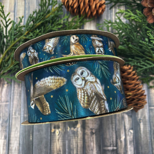 Owl ribbon artful owls on a teal blue background with gold stars and pine branches printed on 5/8" and 1.5" white satin