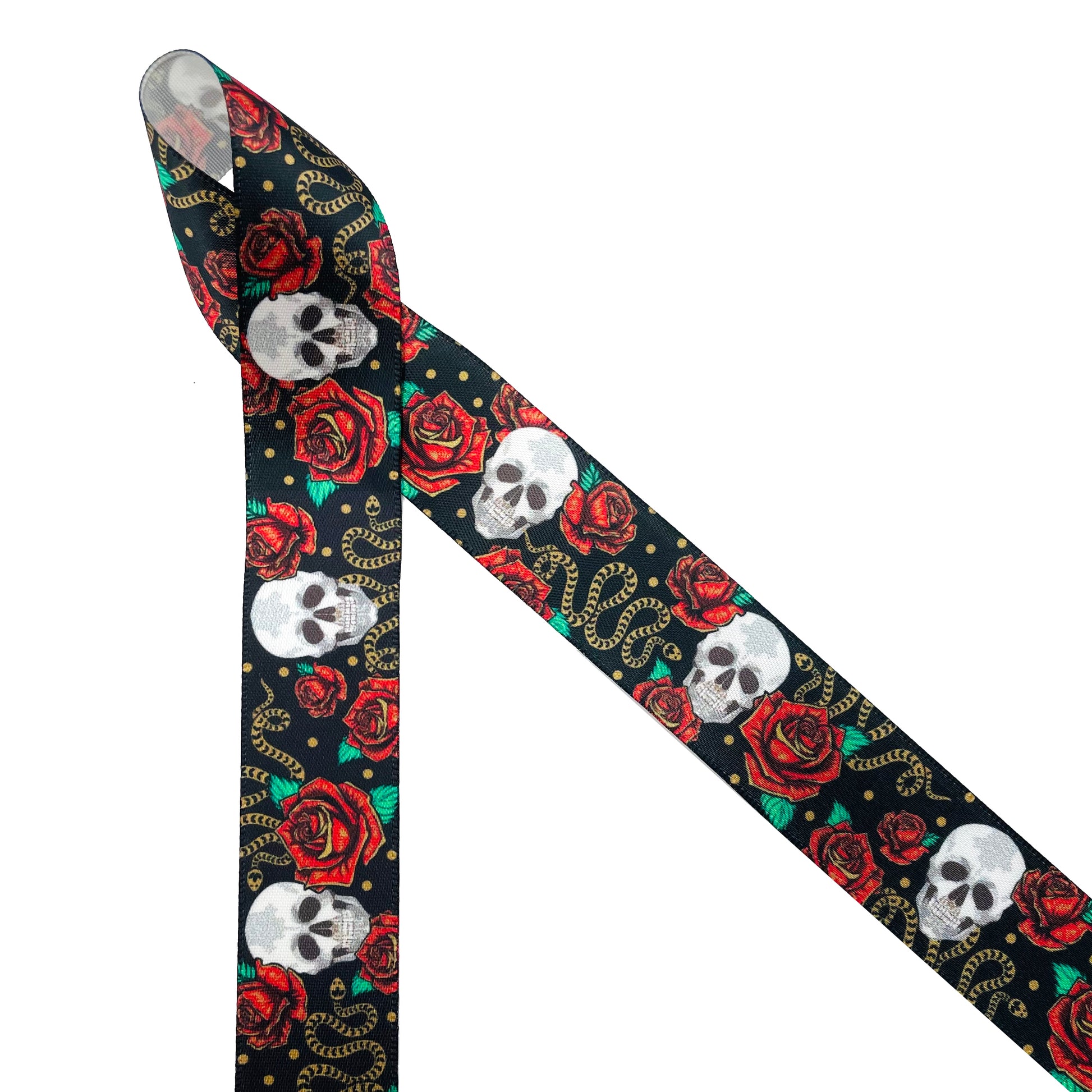 Gothic skulls and gold snakes with red roses on a black background with gold dots printed on 7/8" white is a classically artful design perfect for Gothic themed parties and events. This is a great ribbon for costumes, hair bows,  hat bands, fascinators, sewing and quilting projects. Use this ribbon for gift wrap, gift baskets, party favors, cookies, cake pops and candy.  All our ribbon is designed and printed in the USA