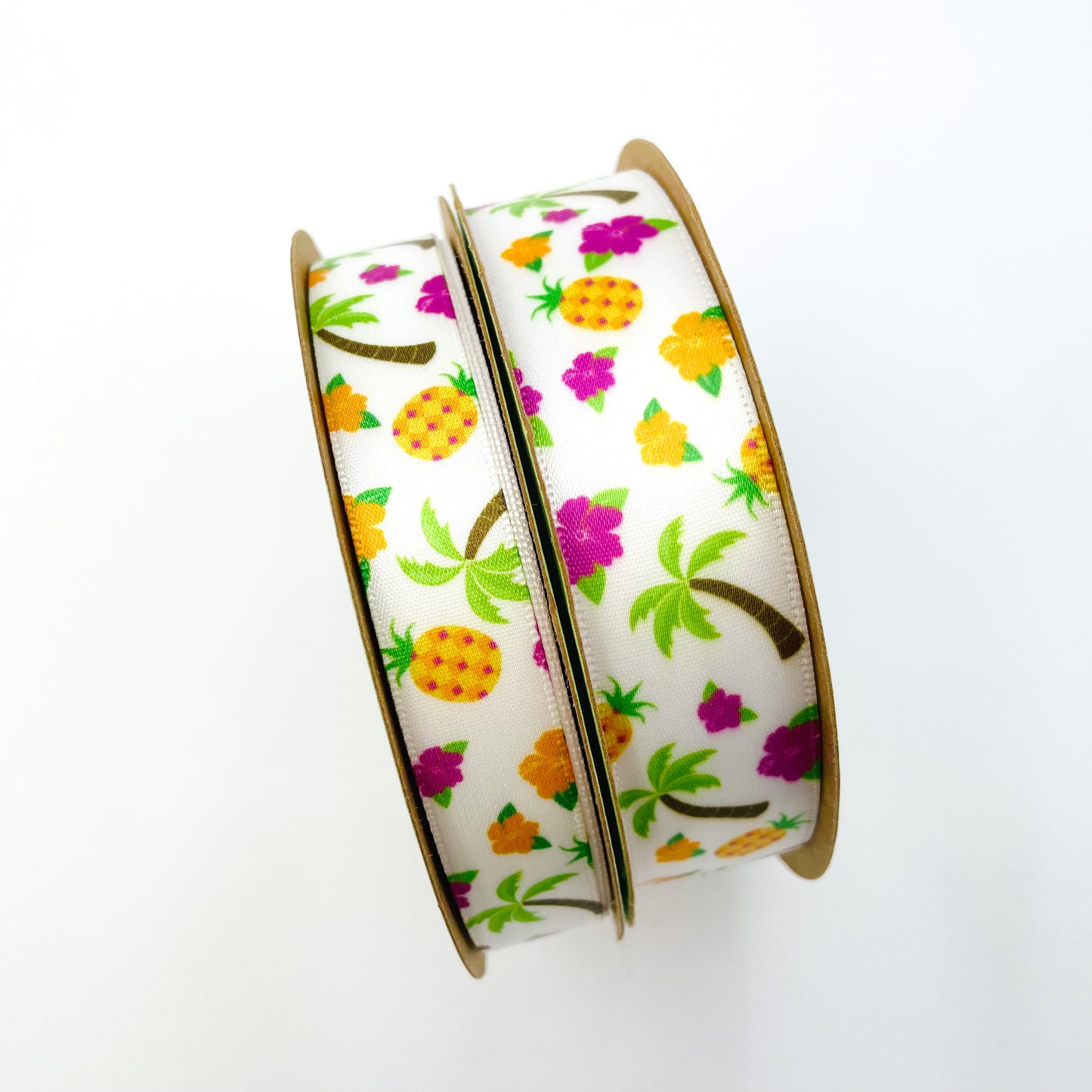 Hawaiian Ribbon with Palm trees Pineapples and Hibiscus blooms in yellow, pink and tangerine  printed on 5/8" white single face satin