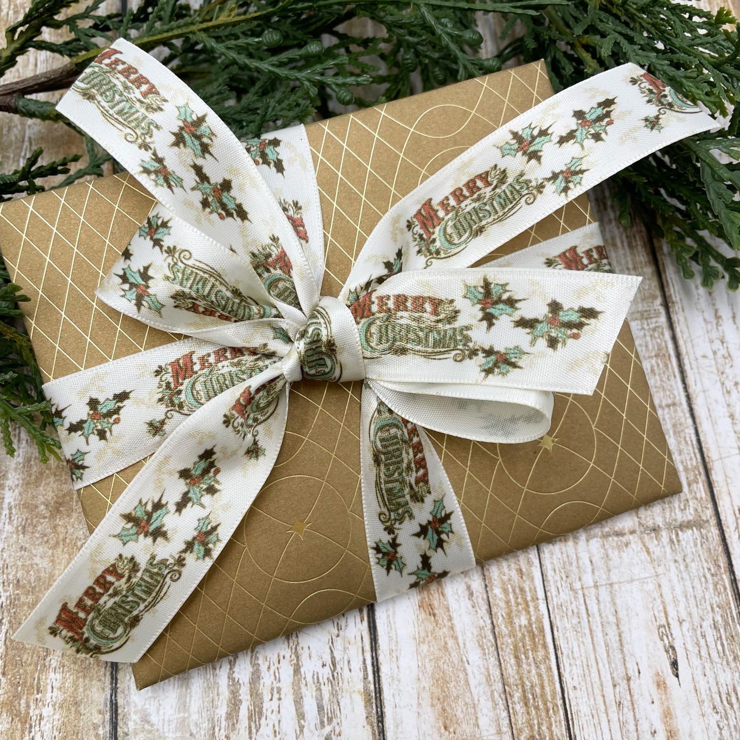 Vintage Christmas Ribbon Merry Christmas in Victorian style with holly leaves and berries printed on 7/8" antique white satin