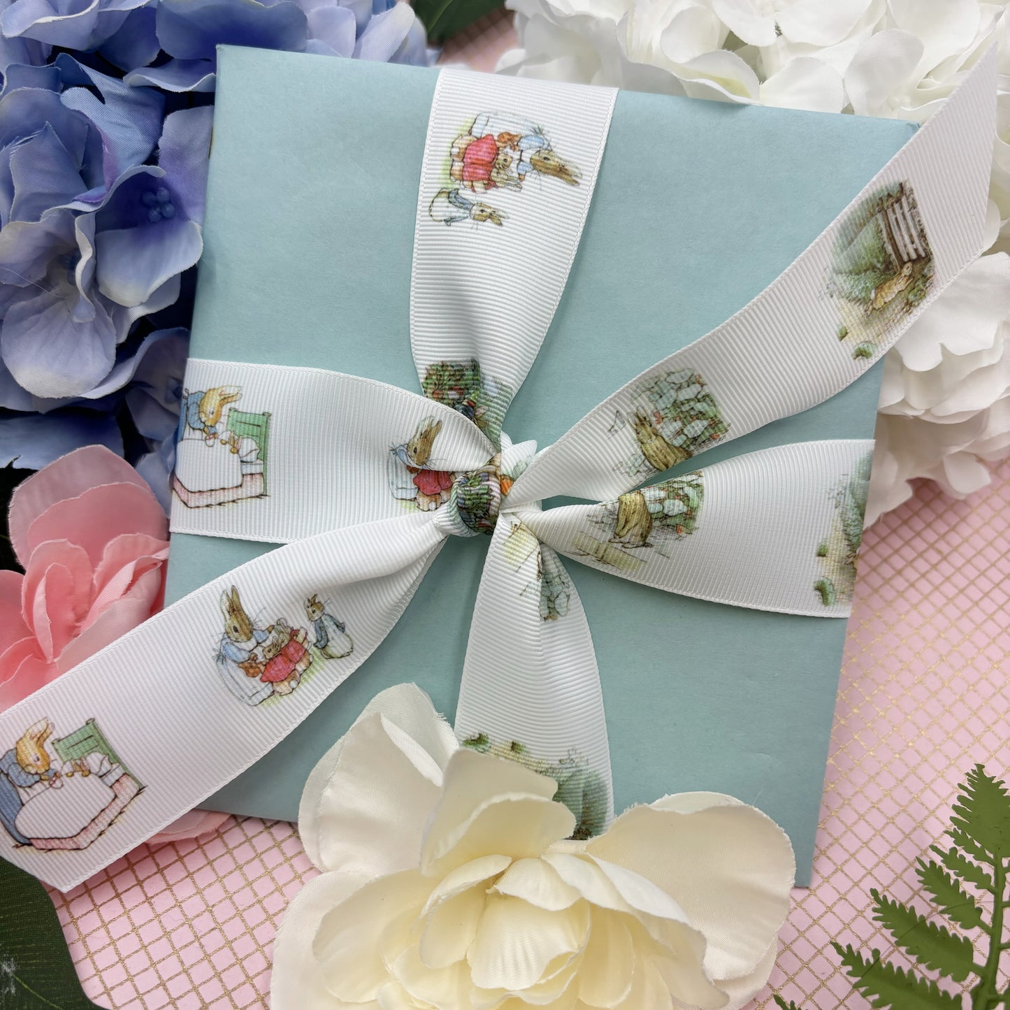 Bunny ribbon, rabbits in a blue jacket of storybook fame printed on 1.