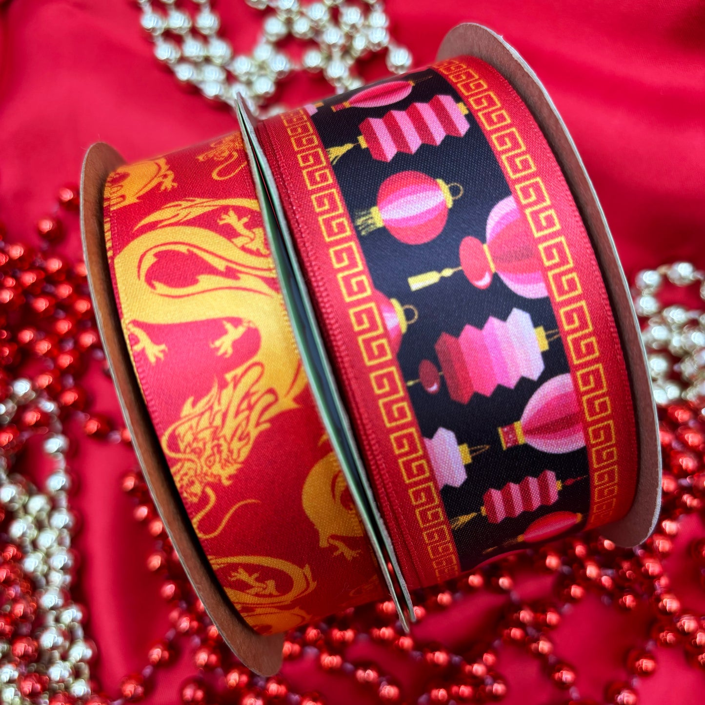 Dragon Ribbon Chinese New Year, Lunar New Year, gold dragons on a hot red background printed on 7/8" white single face satin