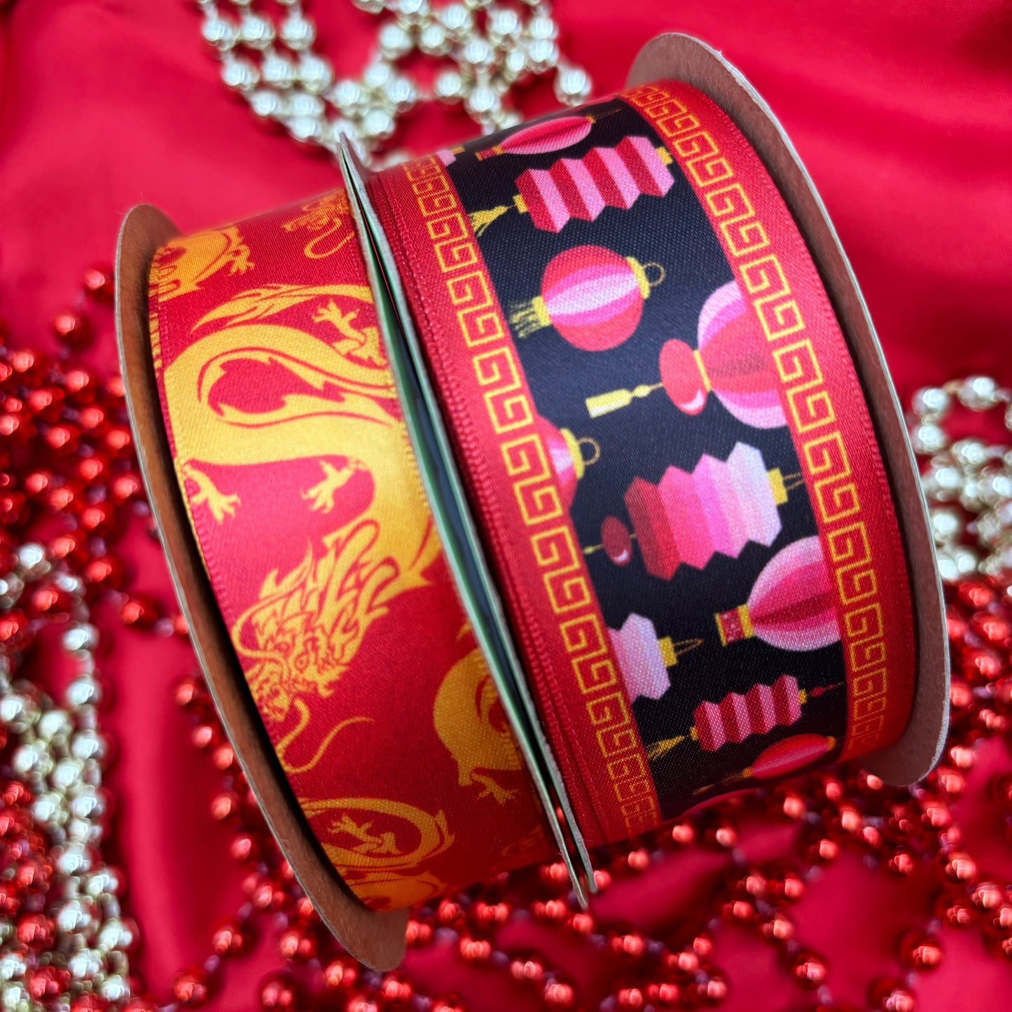 Dragon Ribbon Chinese New Year, Lunar New Year, gold dragons on a hot