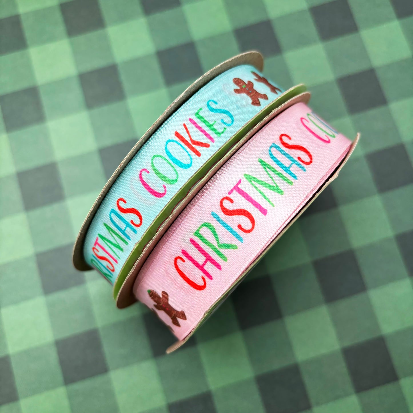 Christmas Cookie Ribbon in pastel colors on pink or mint green printed on 5/8" and 7/8" white single face satin