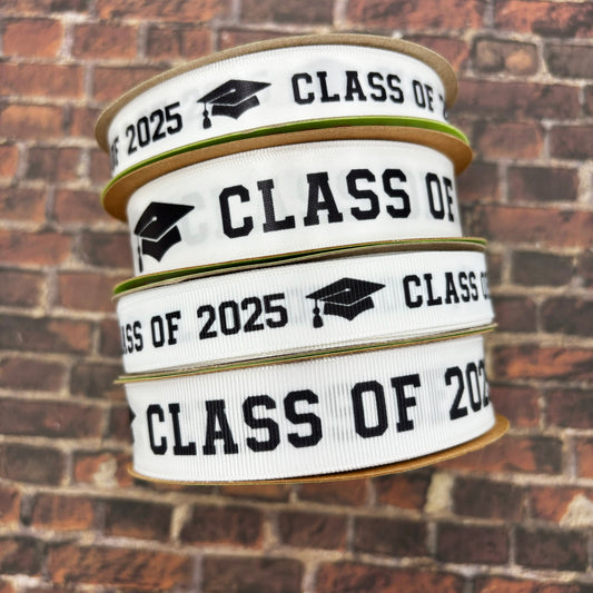Graduation Class ribbon Class of 2025 in black with a black mortar board printed on 5/8" and 7/8" satin and grosgrain