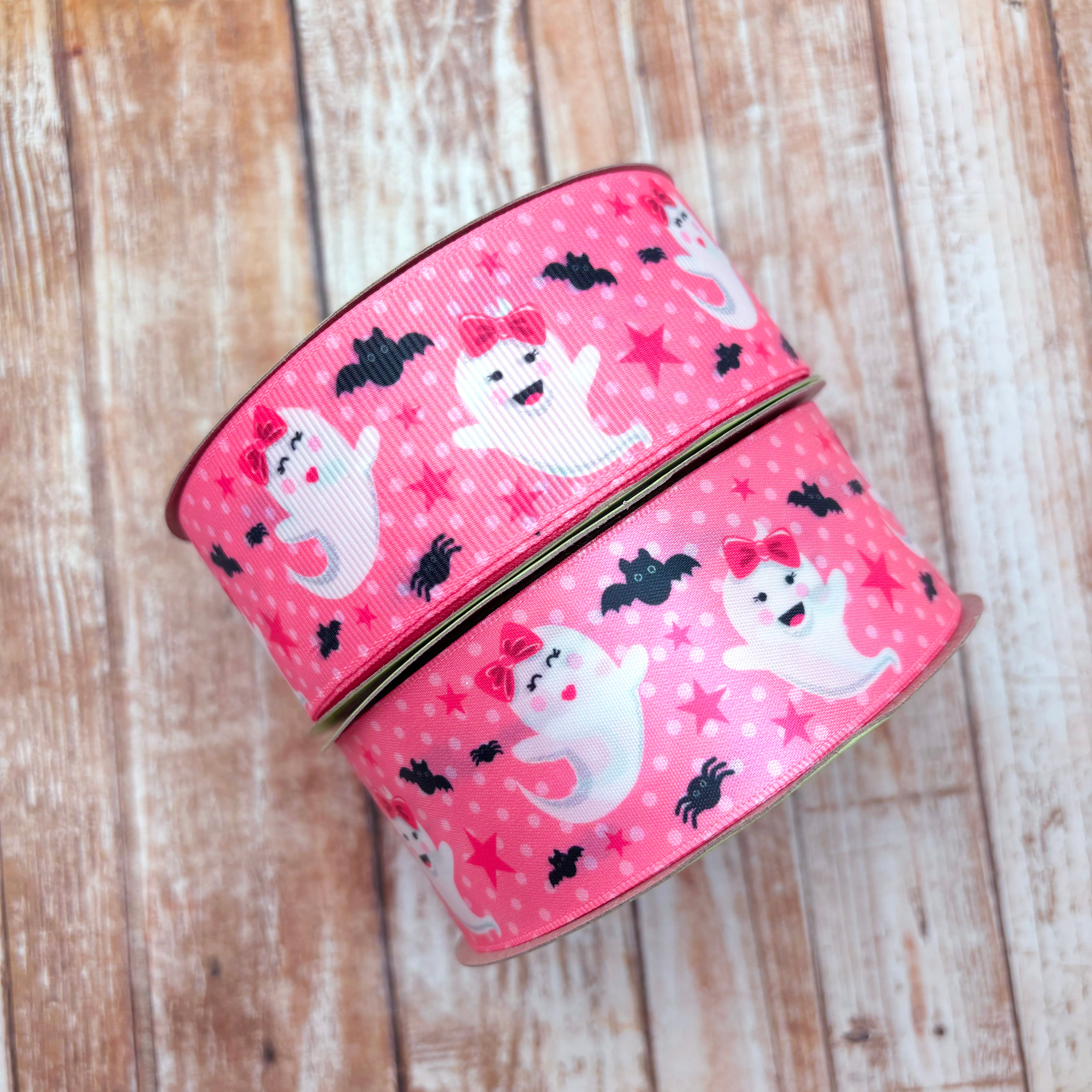Halloween Ghost ribbon cute girl ghosts in white on a pink polka dot b