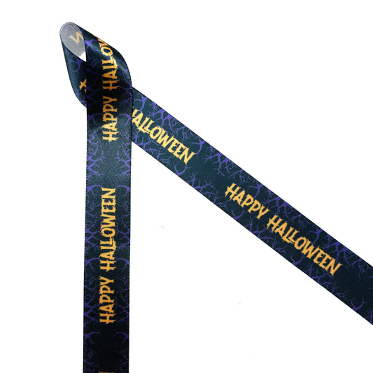 Happy Halloween Ribbon featuring Happy Halloween in orange on a black background with purple branches printed on 7/8" white satin