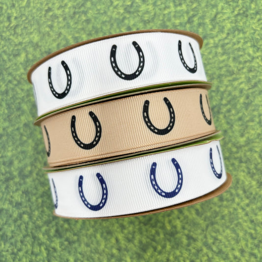 Equestrian ribbon horse shoes in a row in black or navy printed in  black or navy on 7/8" white or tan grosgrain