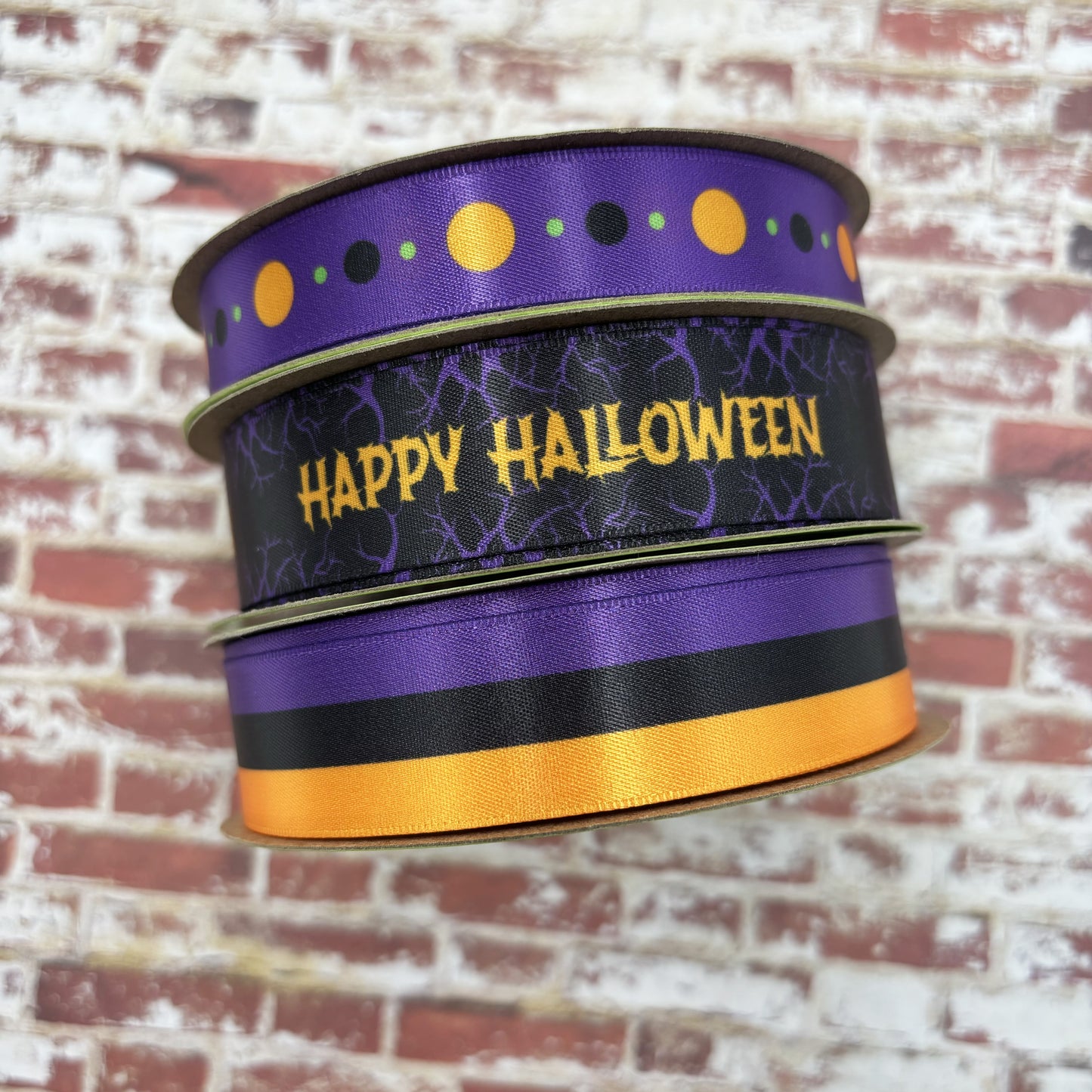 Halloween dots in two variations pastels with purple and tradtional with black printed on 5/8" satin