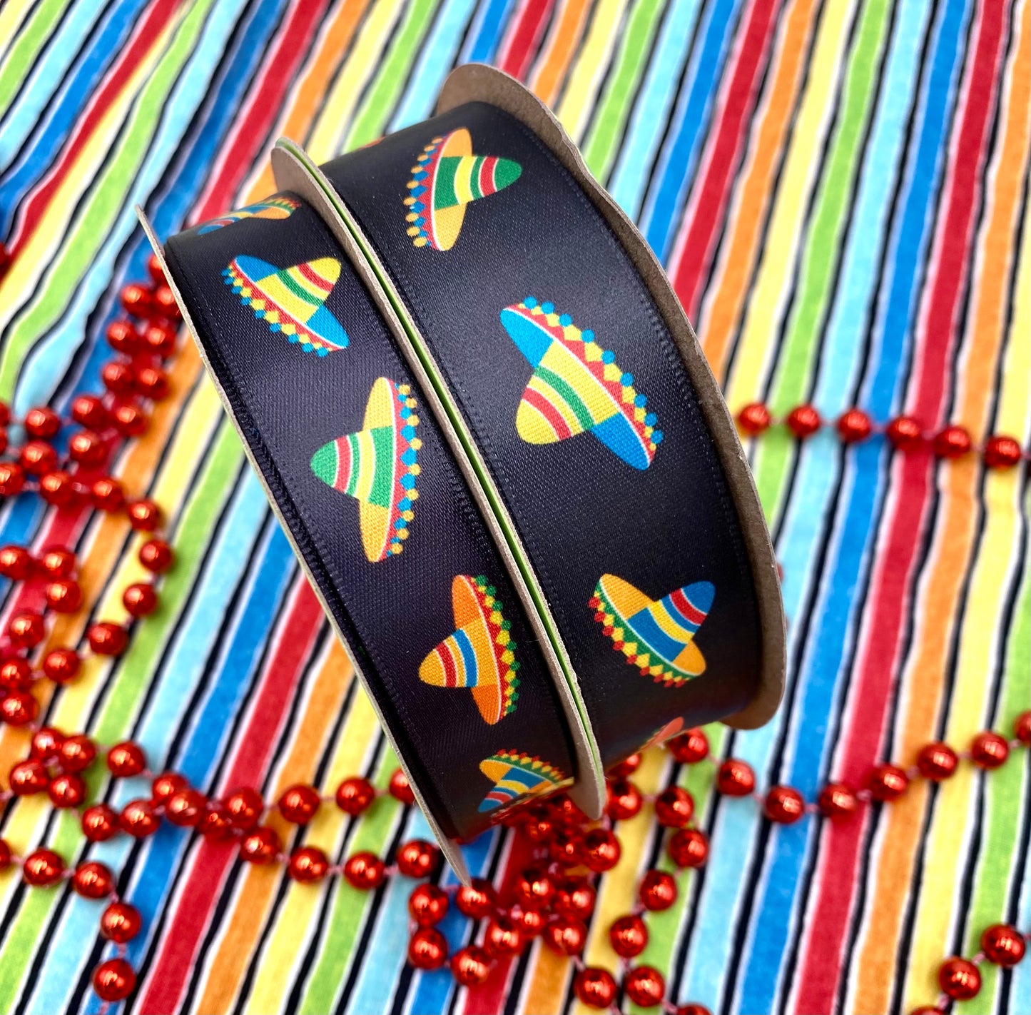 Sombrero ribbon colorful Sombreos on a black background printed on 5/8" and 7/8" white satin