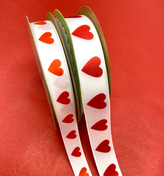 Hearts in a Row Ribbon in Red on 5/8" and 7/8" white single face satin ribbon