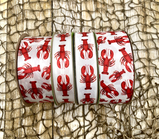 Lobster ribbon, red lobsters printed on 7/8"  and 1.5" white satin and grosgrain