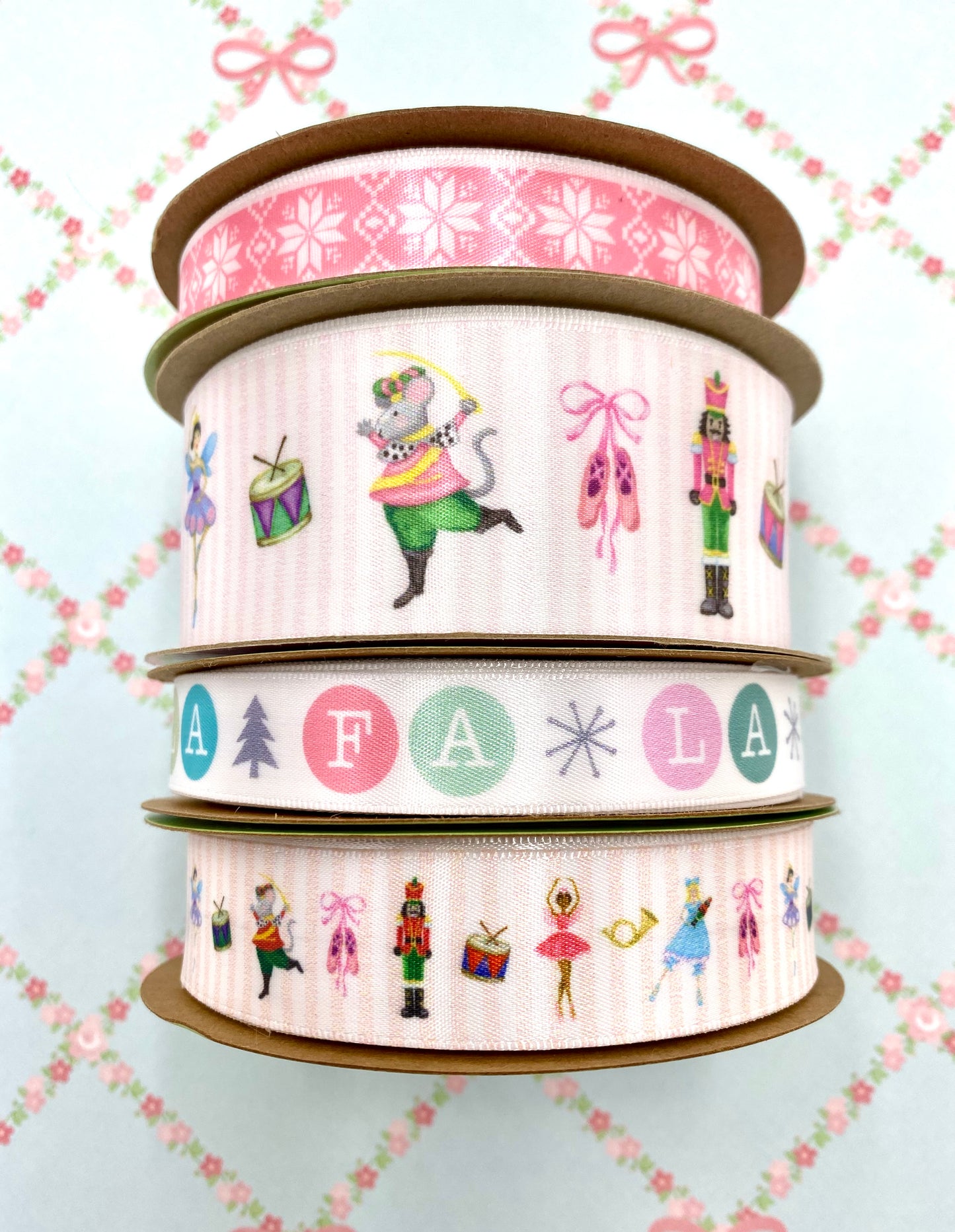 Nutcracker Ballet ribbon featuring all the characters printed on 5/8", 7/8" and 1.5" white satin