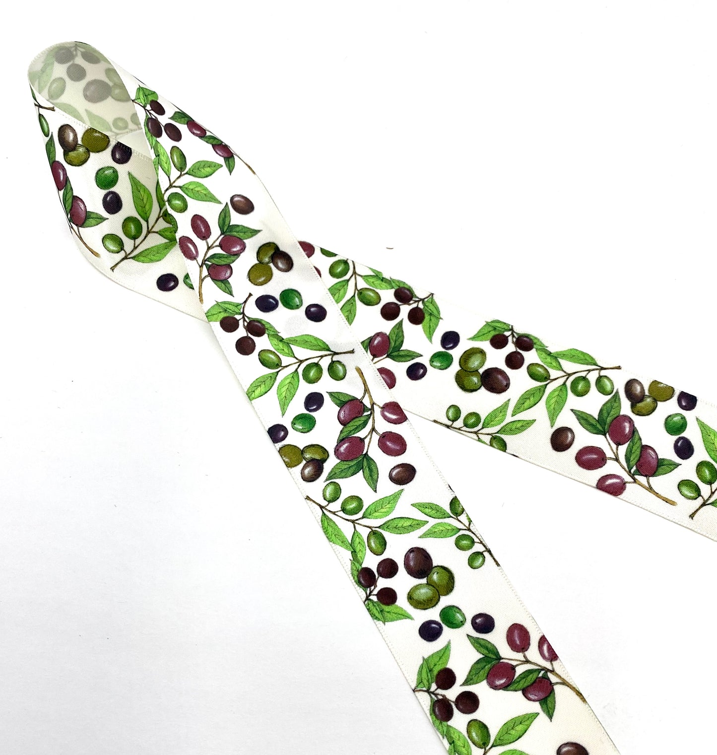 Olives Ribbon in dark purple and green on 5/8", 7/8", and 1.5" Antique White single face satin