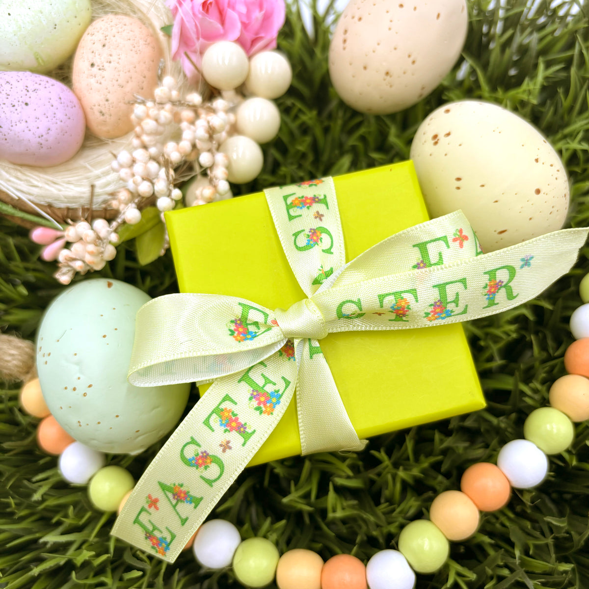 Easter Ribbon Column Easter ribbon Easter in green text decorated with Spring flowers on a