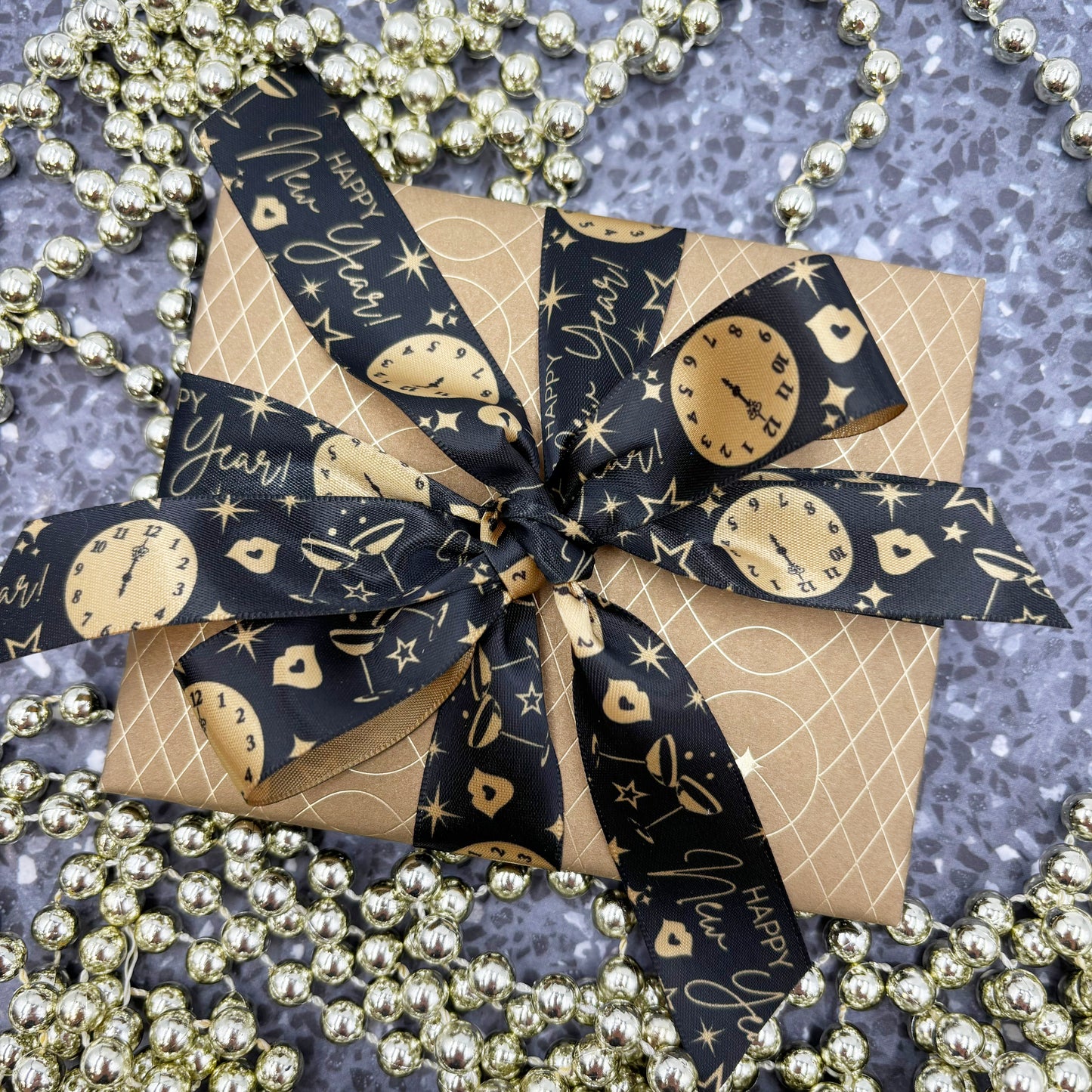 Happy New Year ribbon black and gold for New Years Eve printed on 7/8" Dijon gold satin