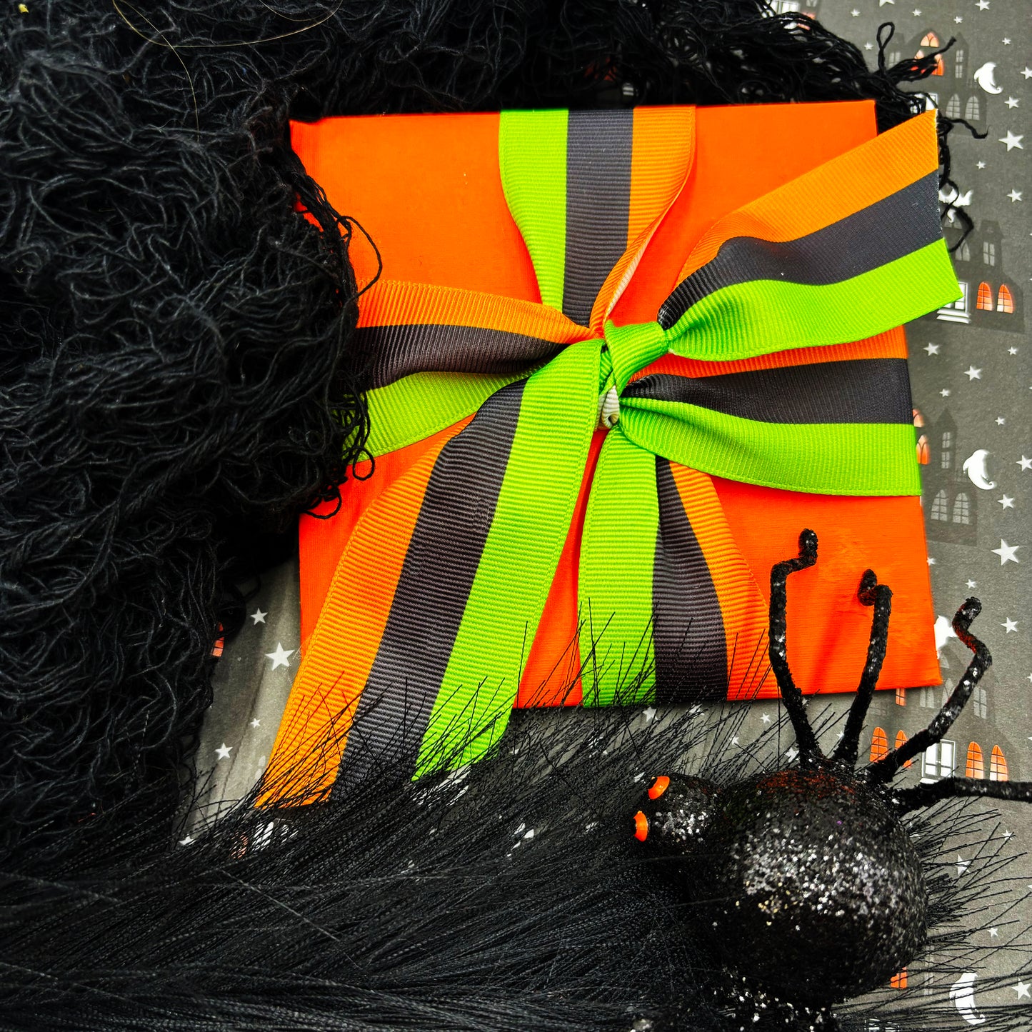 Halloween RibbonOrange, Lime and Black stripes printed on 1.5" satin and grosgrain