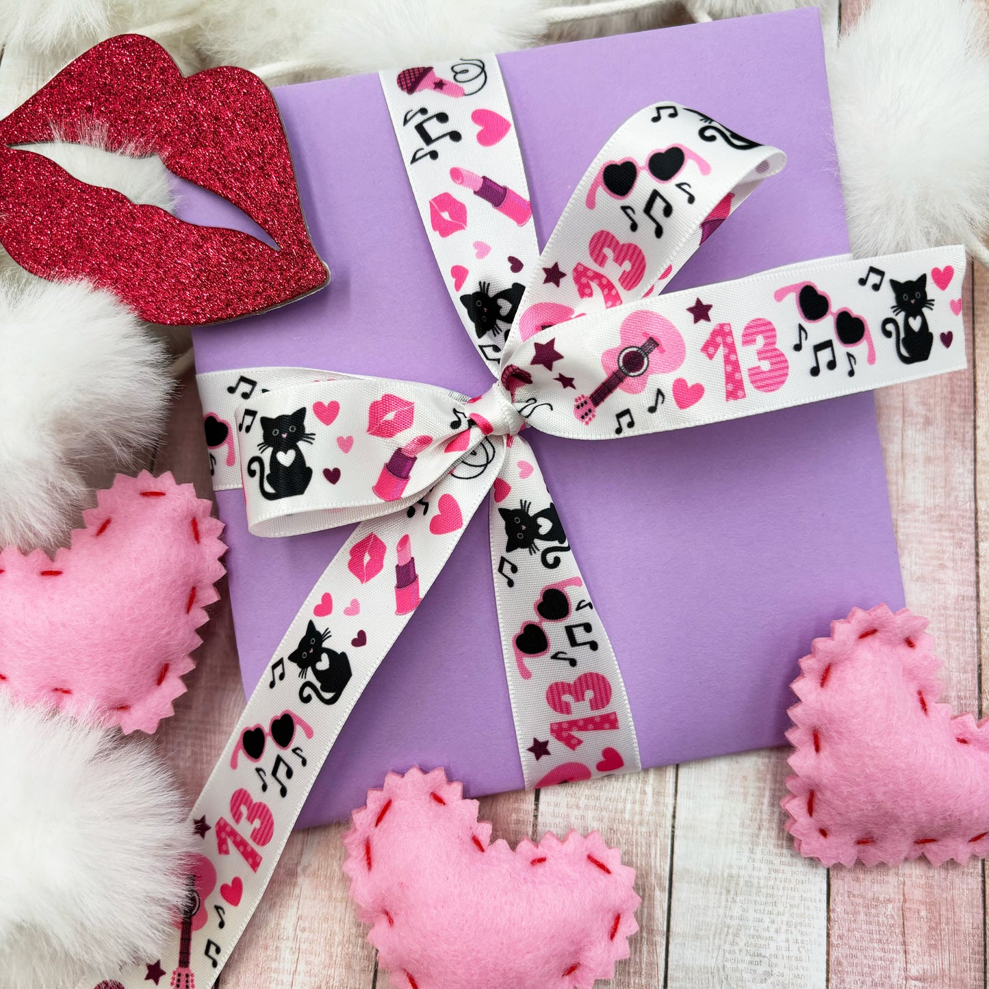 Pop Star ribbon with guitars, microphones, sunglasses, cats, in pink and black printed in 7/8" white satin