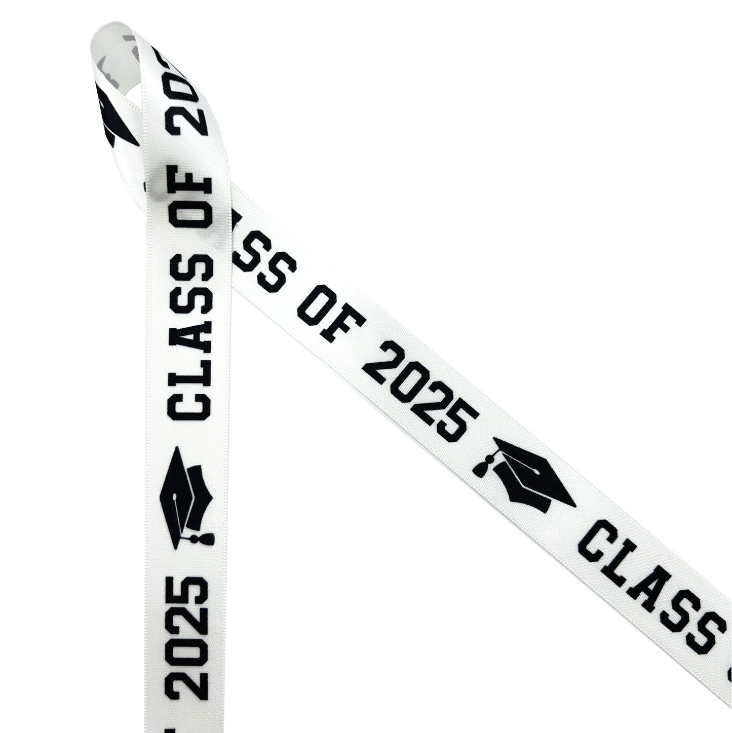 Graduation Class ribbon Class of 2025 in black with a black mortar board printed on 5/8" and 7/8" satin and grosgrain