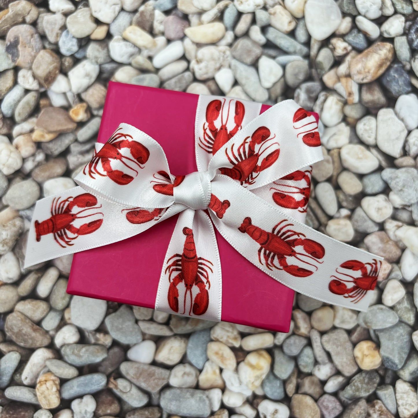 Lobster ribbon, red lobsters printed on 7/8"  and 1.5" white satin and grosgrain