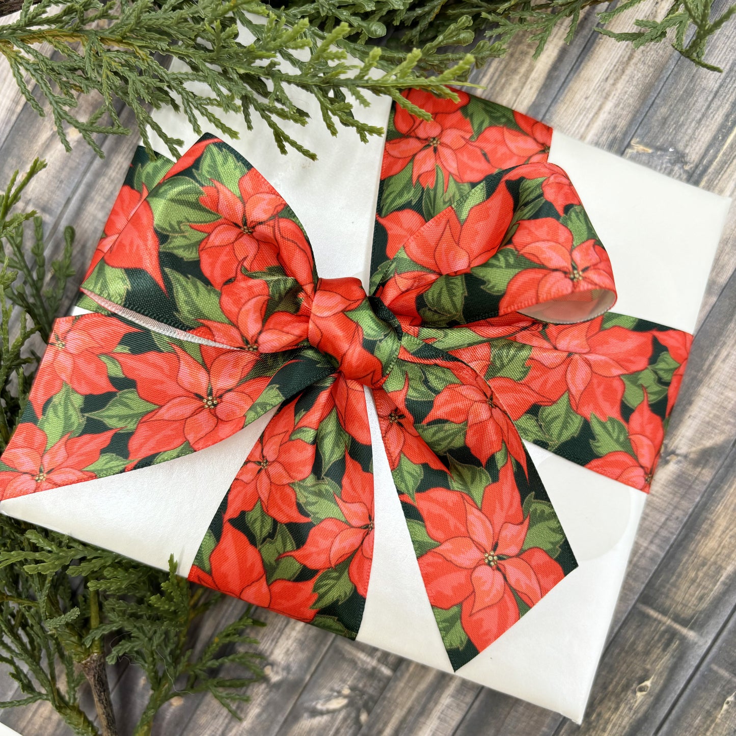 Poinsettia Ribbon white and green or red and green for Winter Holidays ideal for gift wrap, gift baskets, crafts, and sewing printed on 7/8" and 1.5" satin