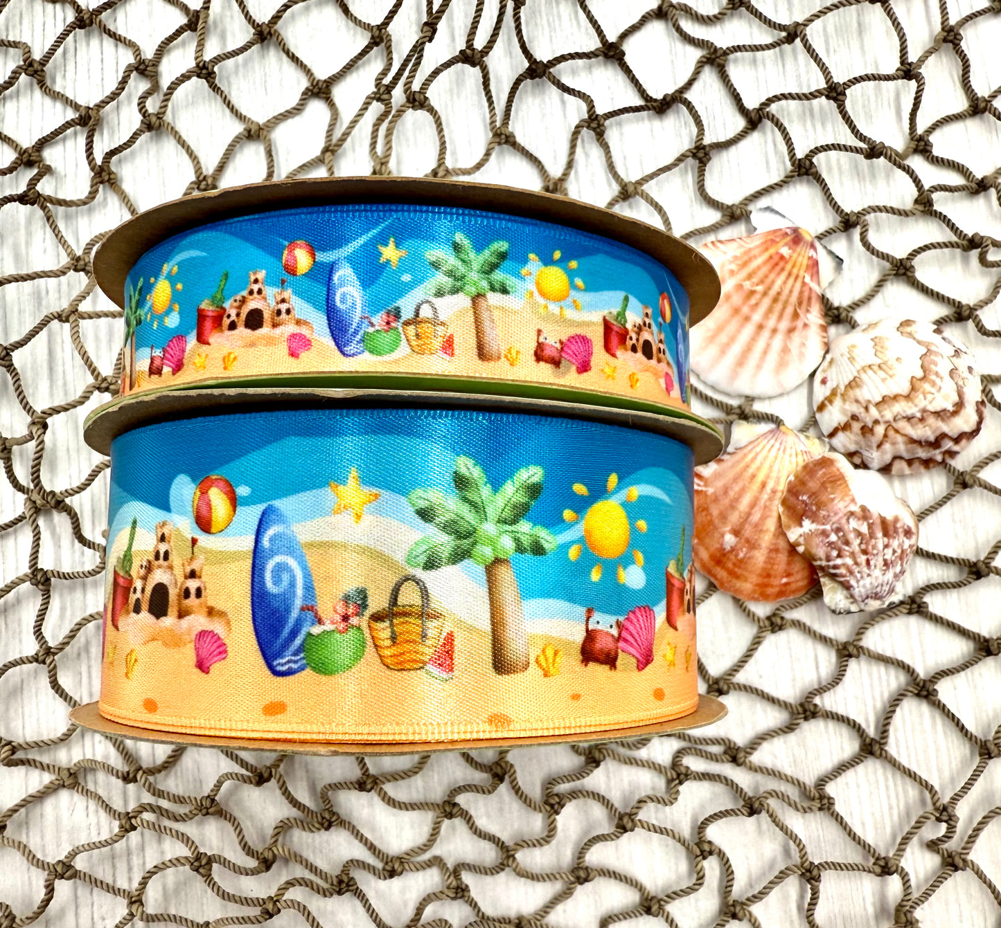 Beach Ribbon with sand castles, surf boards, sand pails, Palm trees and beach bags printed on 7/8" and 1.5" White single face satin