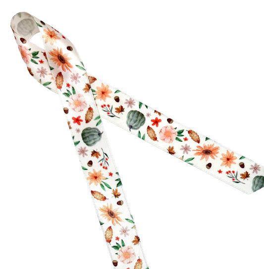 Fall Floral Ribbon with gourds, flowers and acorns for gift wrap, party decor and favors printed on 7/8" antique white satin