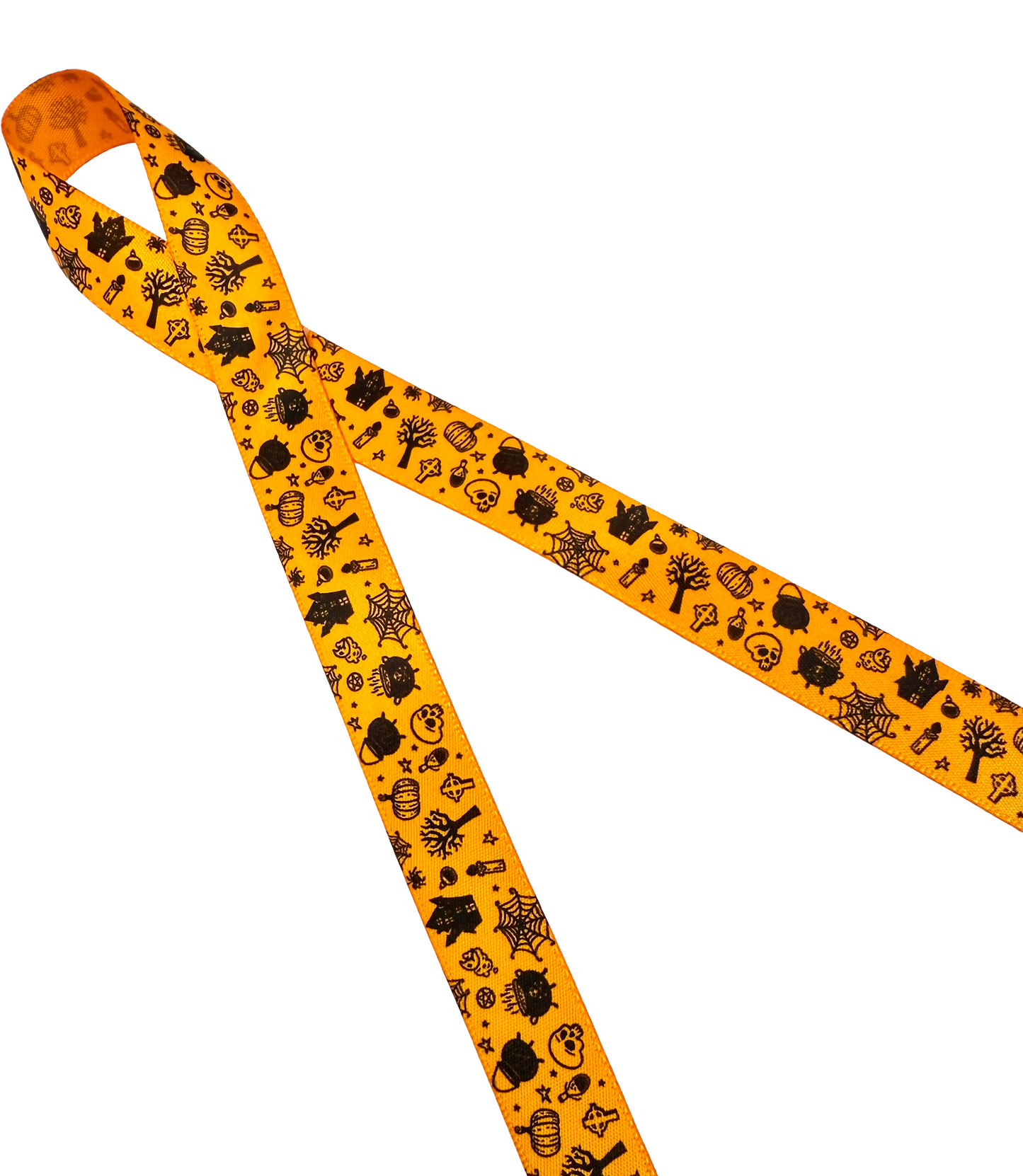 Halloween Ribbon tossed elements of skulls, haunted houses, cauldrons, scary trees and more in black printed on 5/8" and 7/8" tangerine single face satin