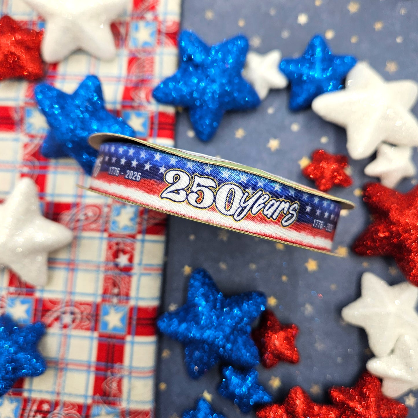 America 250 distressed flag design printed on 5/8" satin
