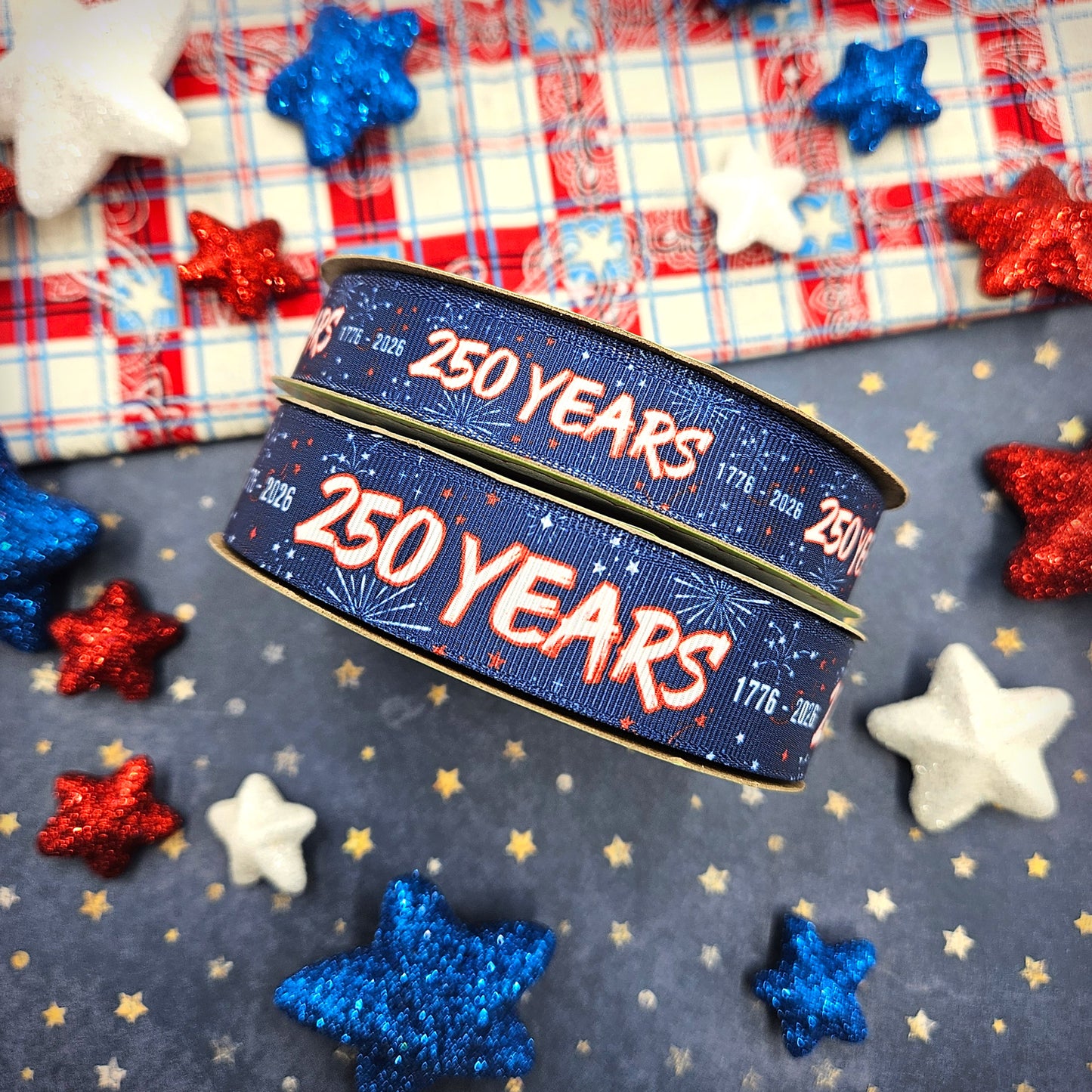 America 250 Years celebration ribbon red white and blue 1776 to 2026 printed on 7/8" satin and grosgrain