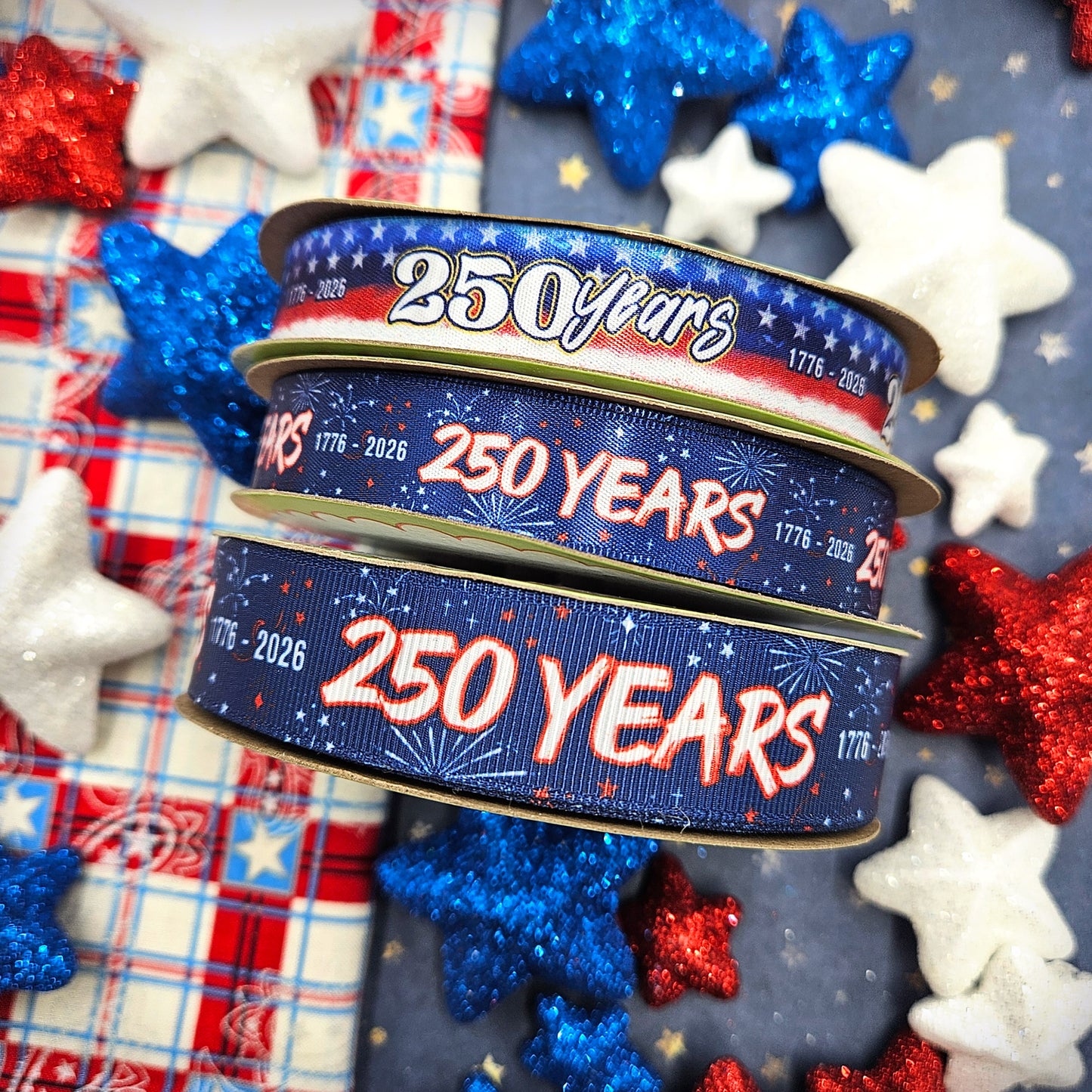 America 250 distressed flag design printed on 5/8" satin