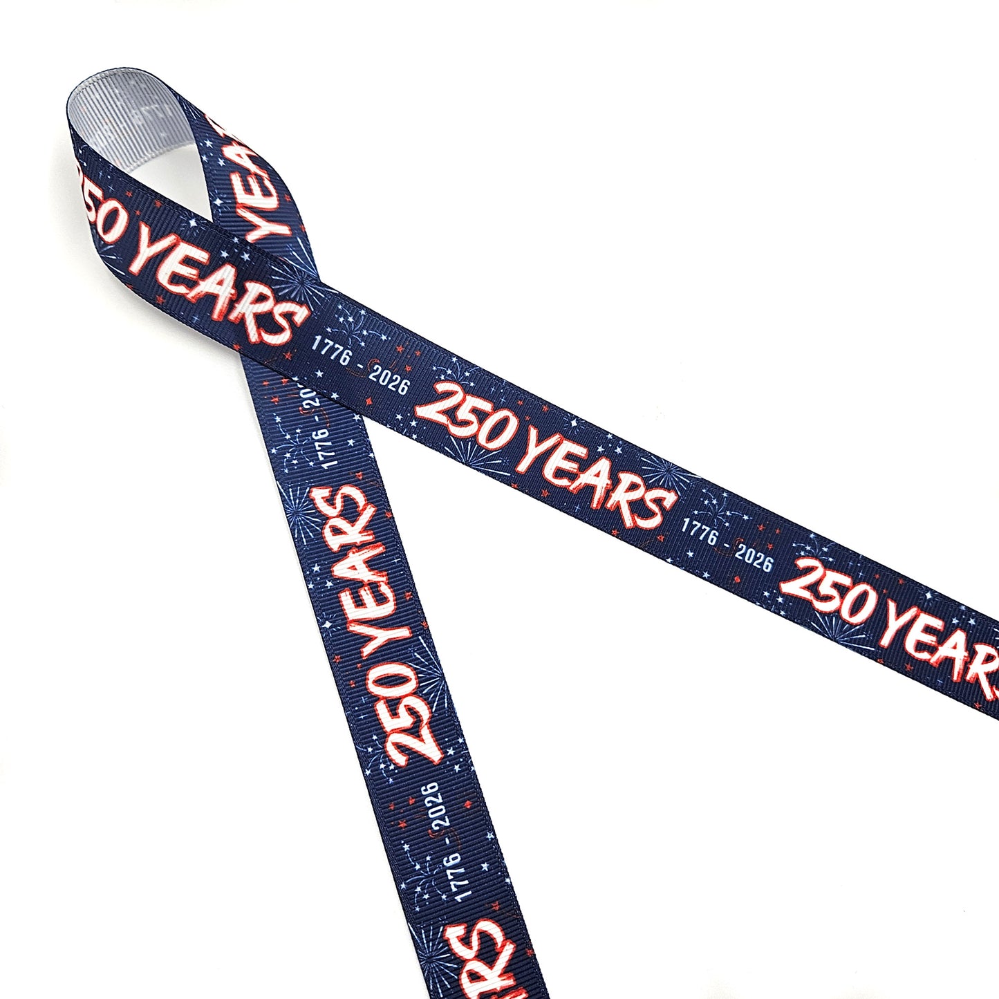America 250 Years celebration ribbon red white and blue 1776 to 2026 printed on 7/8" satin and grosgrain