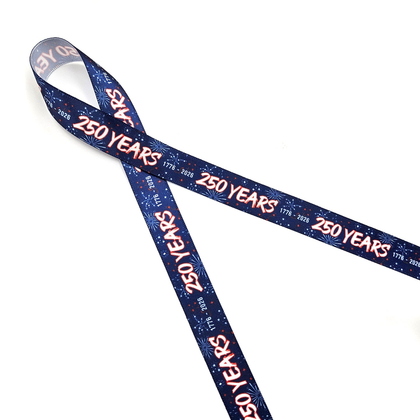 America 250 Years celebration ribbon red white and blue 1776 to 2026 printed on 7/8" satin and grosgrain