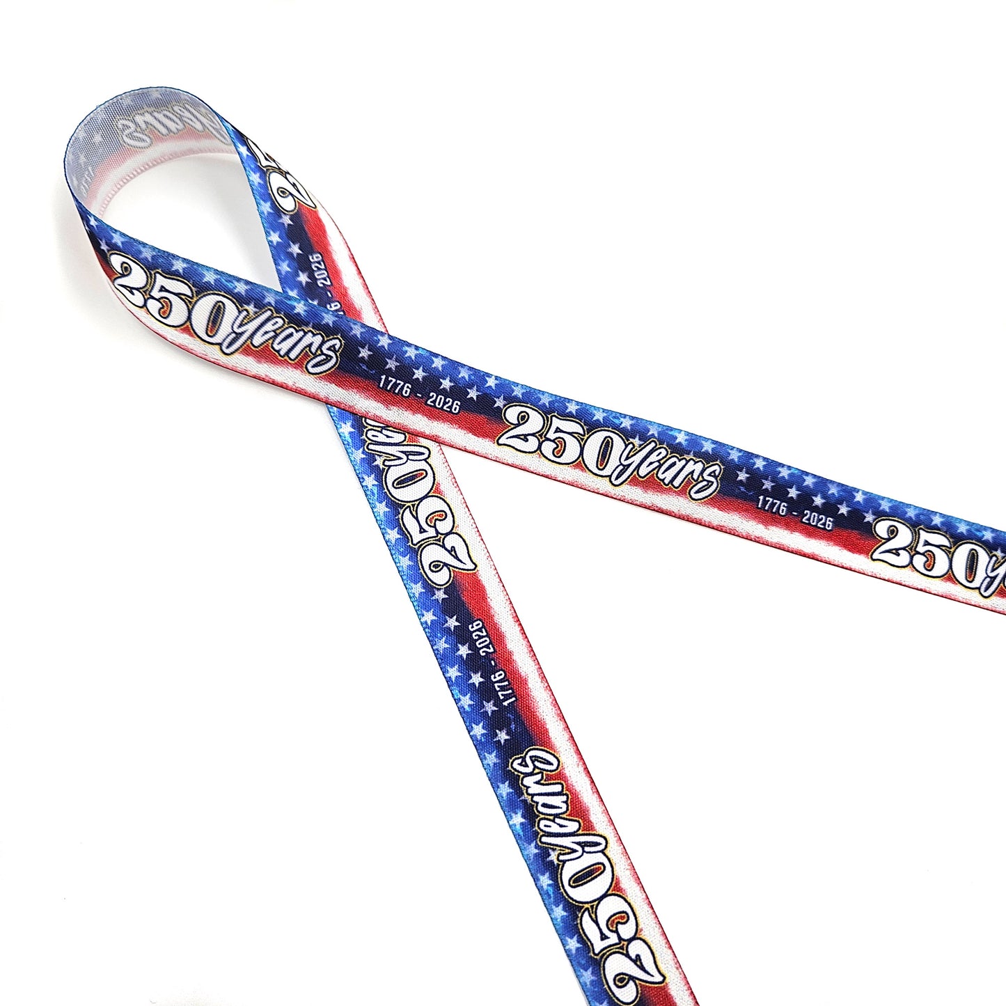 America 250 distressed flag design printed on 5/8" satin