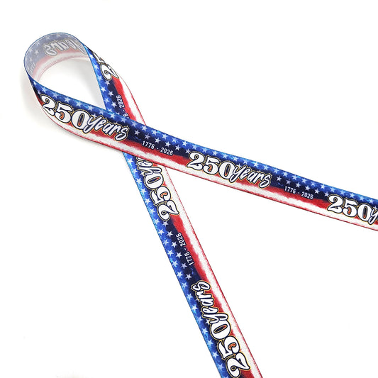 America 250 distressed flag design printed on 5/8" satin