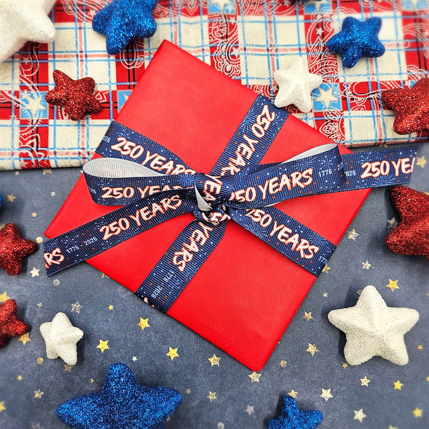 America 250 Years celebration ribbon red white and blue 1776 to 2026 printed on 5/8"  7/8" grosgrain
