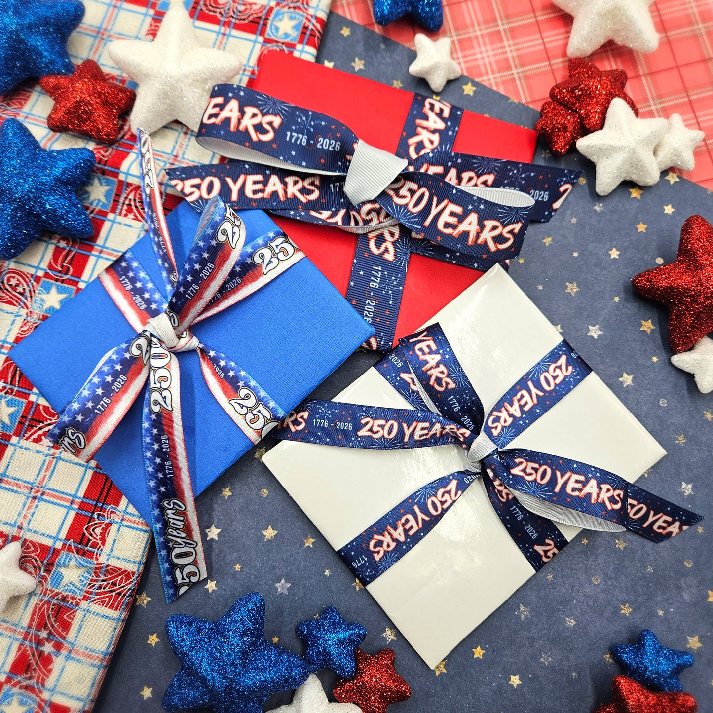 America 250 Years celebration ribbon red white and blue 1776 to 2026 printed on 7/8" satin and grosgrain