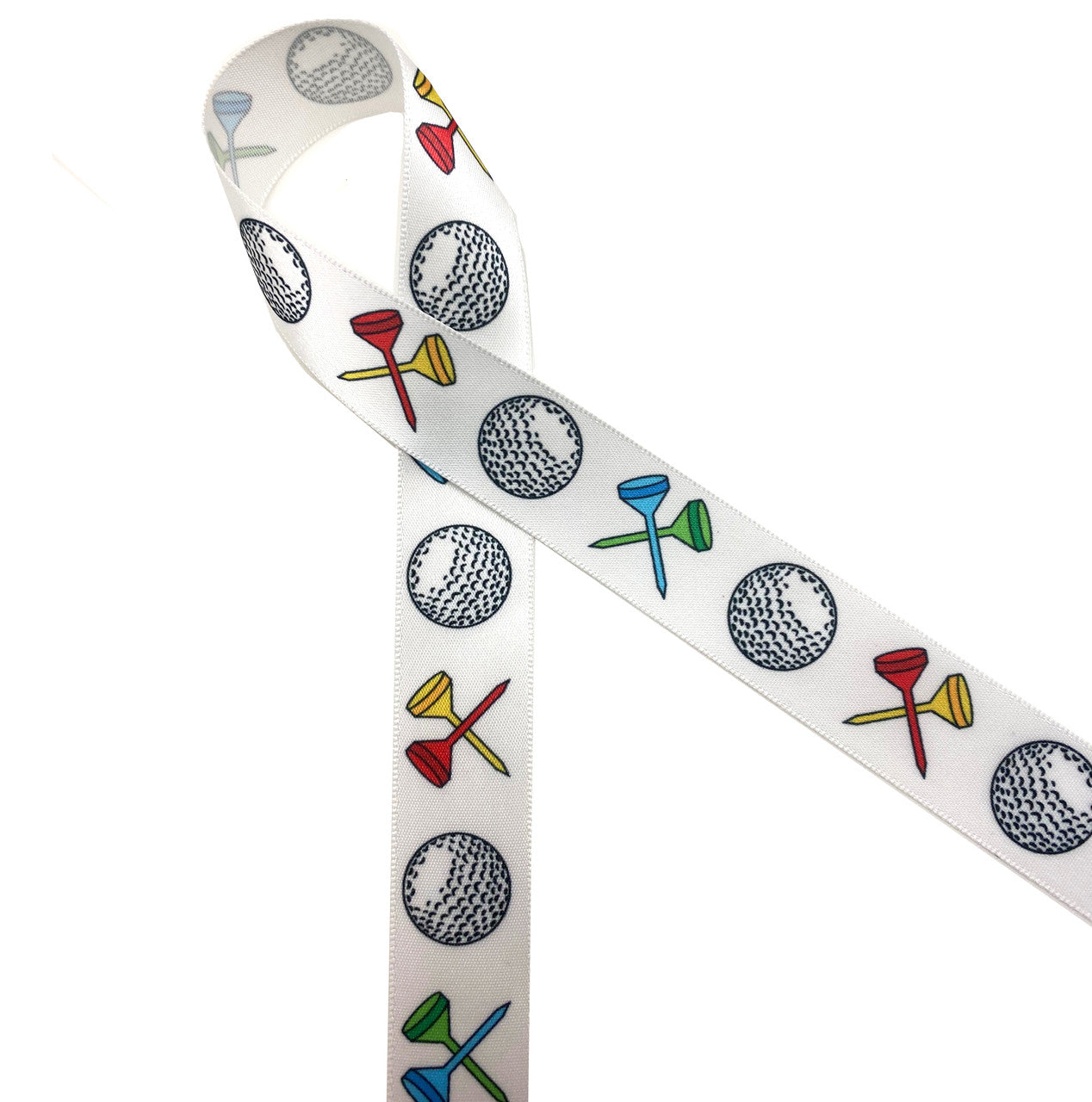 Golf balls ribbon with crossed tees in red, yellow, blue and green ...