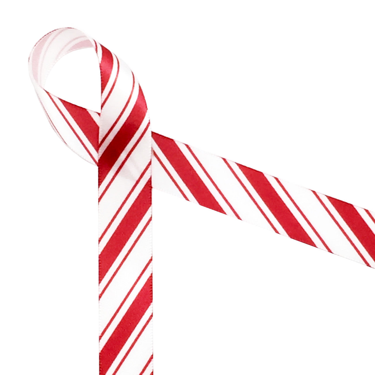 Our traditional candy cane strips are thin stripes on both sides of a thicker stripe. Printed in red on a 5/8"  white satin ribbon, this ribbon will make a fun statement on your gifts and sweets!