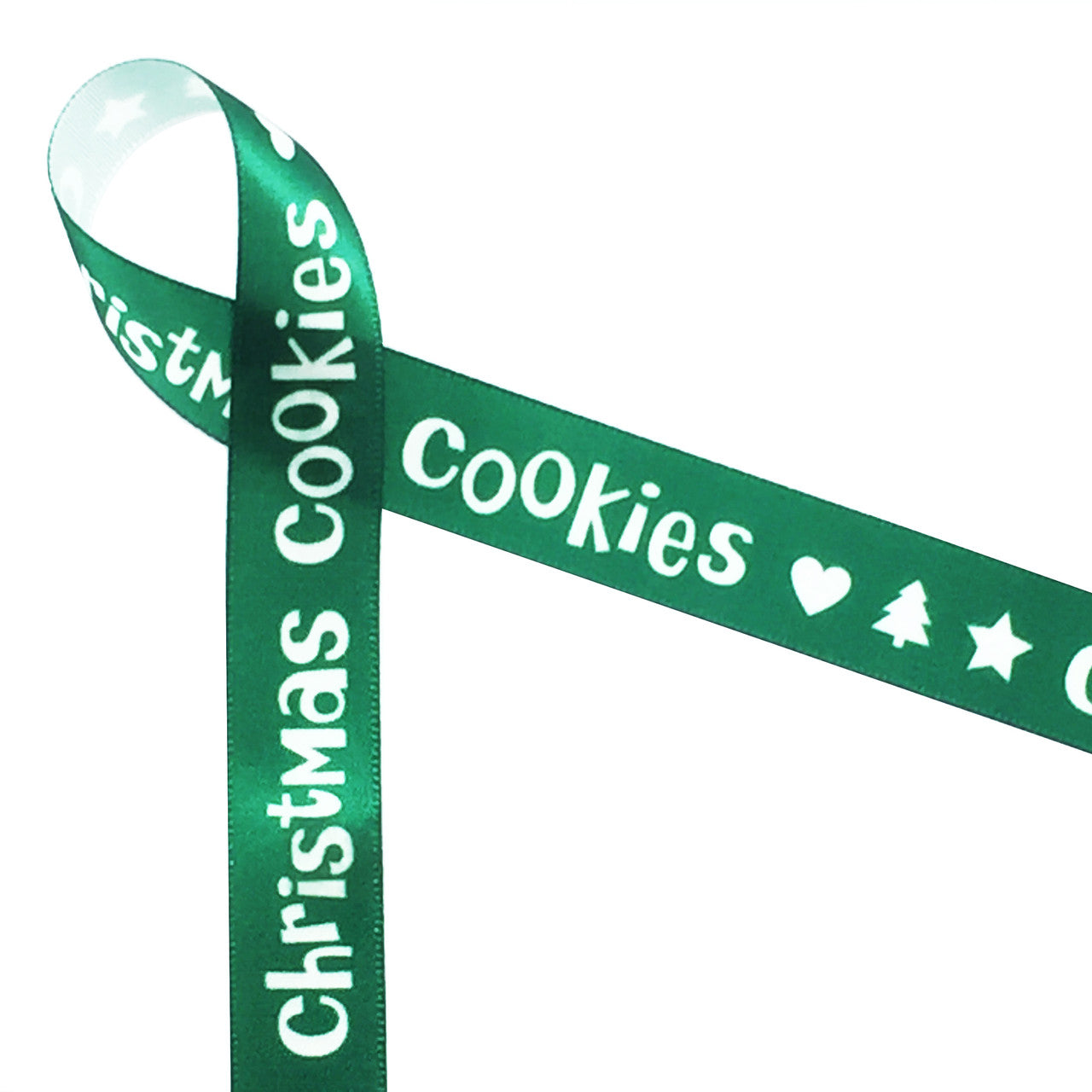 Christmas Cookies in white on green ribbon with hearts, trees and stars on 5/8" single face satin ribbon in 10 yard spools.