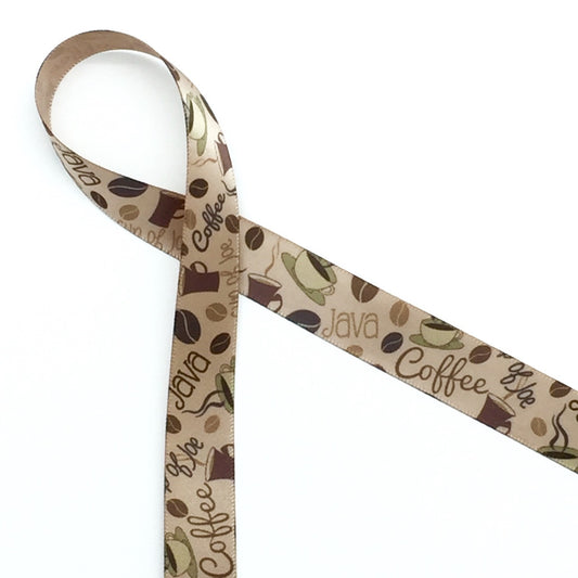 Coffee lovers are special! Coffee beans, cups, java, coffee and cup of joe in brown printed on 5/8" tan single face satin ribbon is an ideal ribbon for gifts for the coffee lover in your life. This ribbon is ideal for gift wrap, gift baskets, cookies, cake pops, candy, bakeries and baristas.  This is a great ribbon for coffee themed crafts, sewing and quilting projects too. All our ribbon is designed and printed in the USA