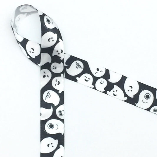 Ghosts float along a black background on white 5/8" single face satin ribbon, 10 Yards