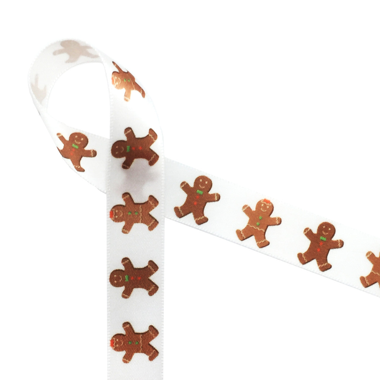Gingerbread men in a row printed on 5/8" white single face satin ribbon is the ideal ribbon for Holiday cookie gifts. This is a great ribbon for cookie platters, gift baskets, party favors, party decor, Holiday gift wrap, crafting, sewing and quilting projects. All our ribbon is designed and printed in the USA