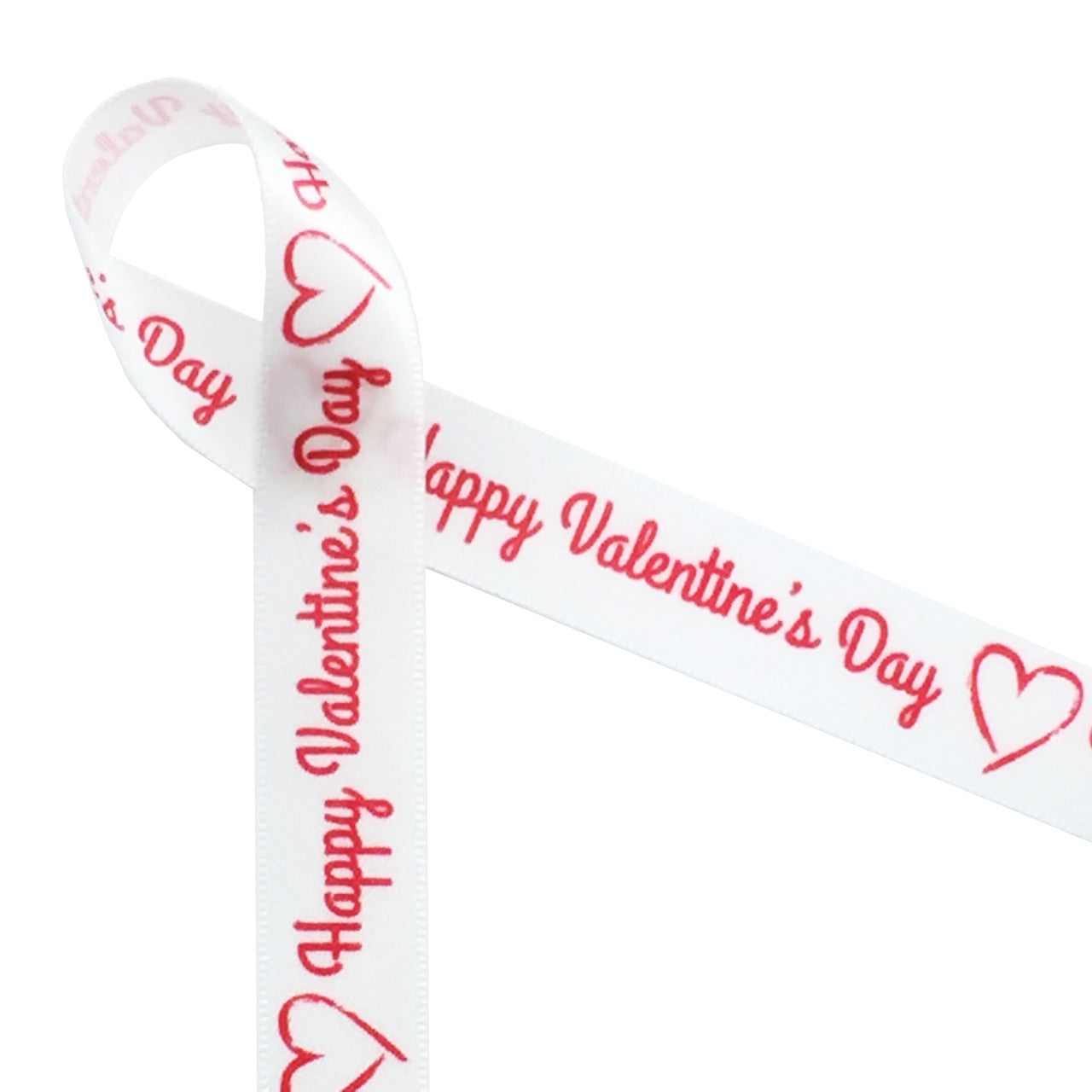Happy Valentine's Day in red with an open heart on 5/8" white single face satin is the simplest expression of the most important emotion!