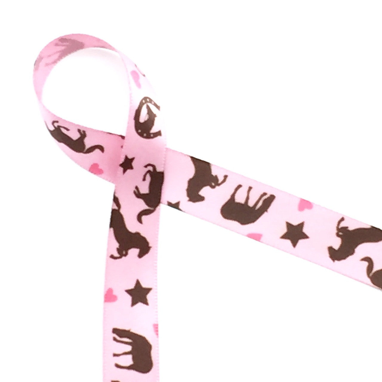 Brown horses with bits, horseshoes, stars and hearts on pink 5/8" ribbon! Perfect for any horse themed party favor!